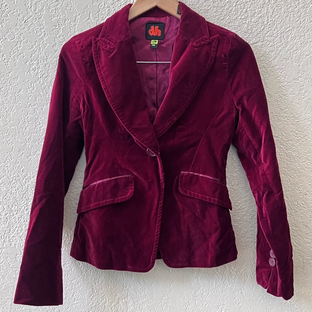 DH‎ Tailored Velvet Blazer Sz Medium Burgundy Fake Pockets Whimsygoth Vintage